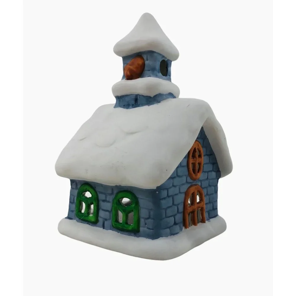 Colonial Candle Holder Winter Blue Ceramic Building Snow Tea Light Votive Holder - Picture 4 of 10
